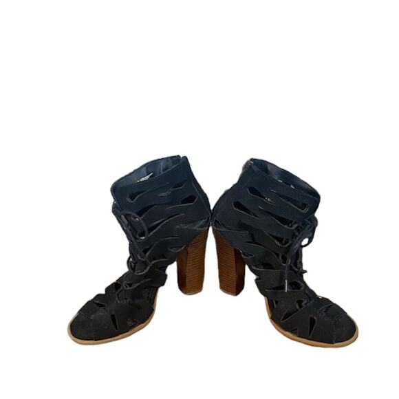 Mia Black Suede Caged Open Toe Lace Up Ankle Heels Women Sz 7 - Picture 3 of 12